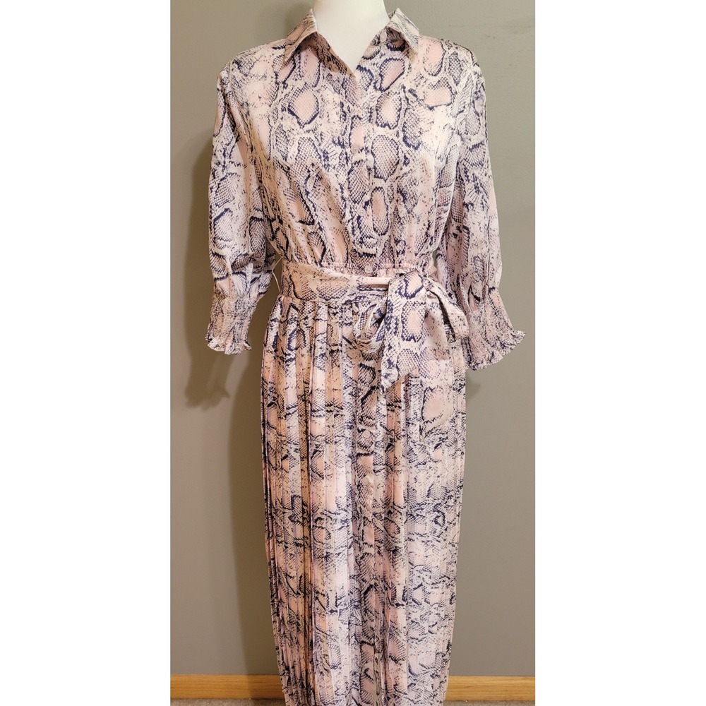 Garcia Pink & Navy Snake-Print Midi Button-Down Dress - Picture 1 of 9